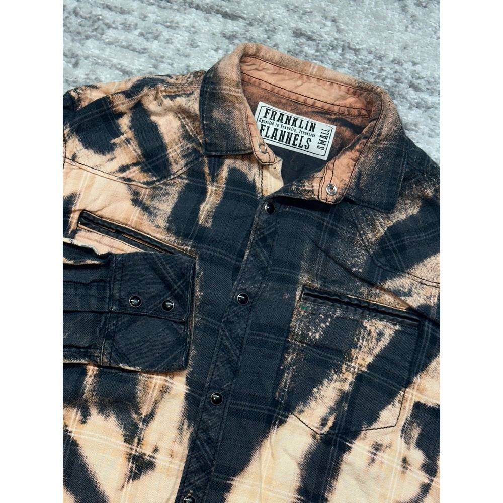 Franklin Flannels Button Down Shirt Mens Small Black Bleached Plaid Pearl Snap‎